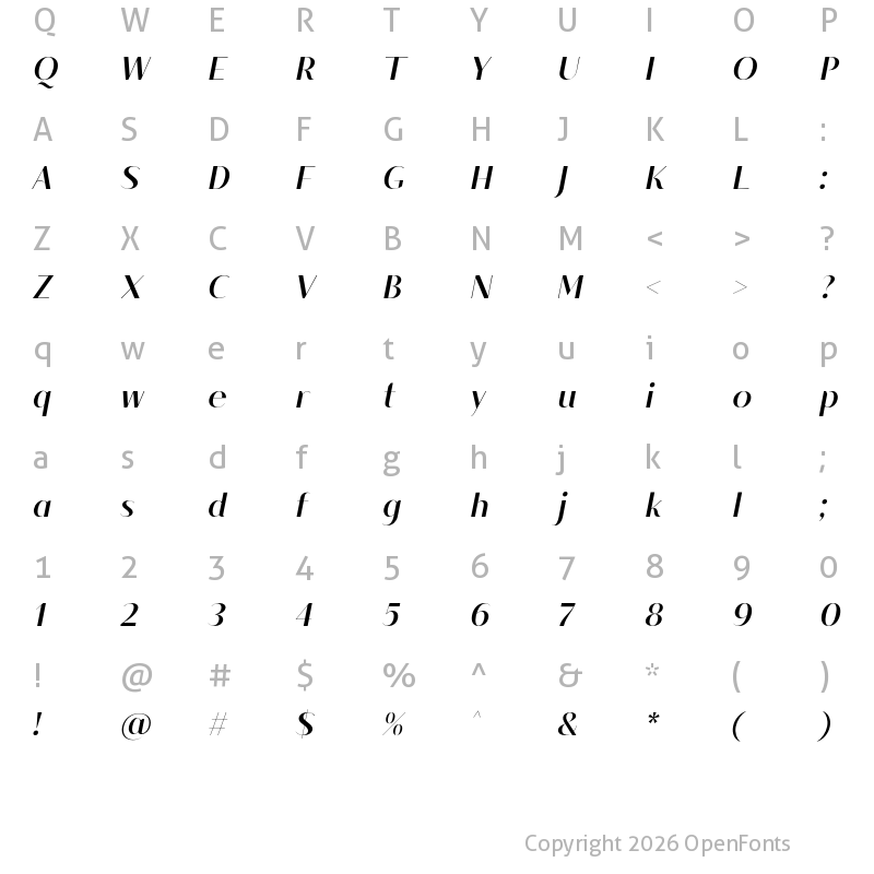 Character Map of Modestic display Bold Italic
