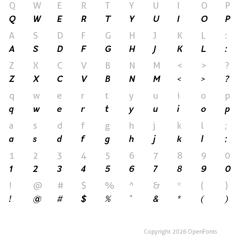 Character Map of Modestic Sans Bold Italic