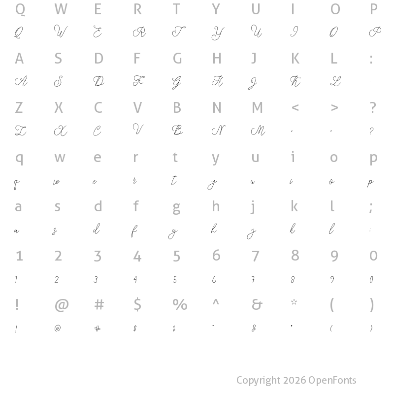 Character Map of modista script Regular