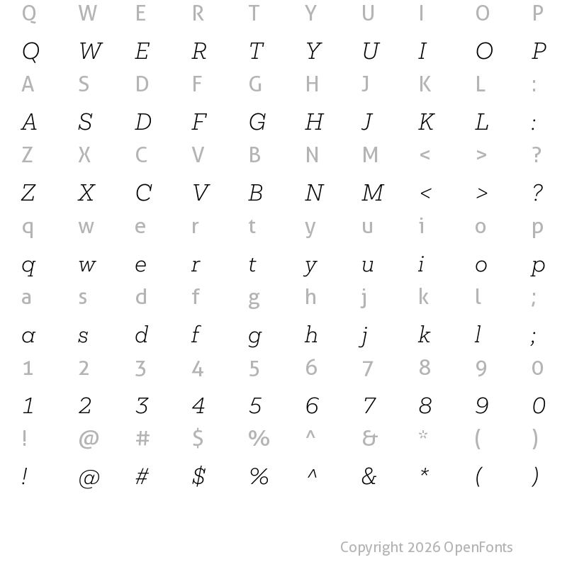 Character Map of Mokoko Light Italic