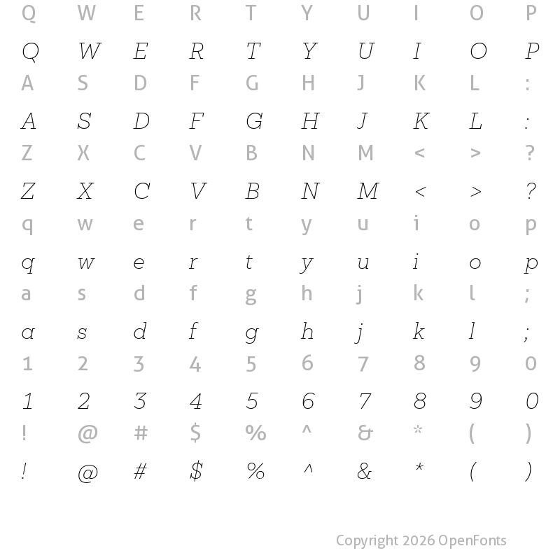 Character Map of Mokoko Thin Italic
