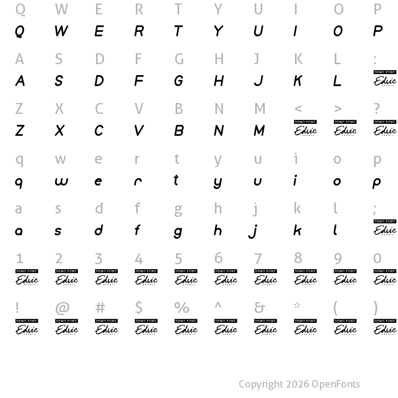 Character Map of Monice Demo Italic