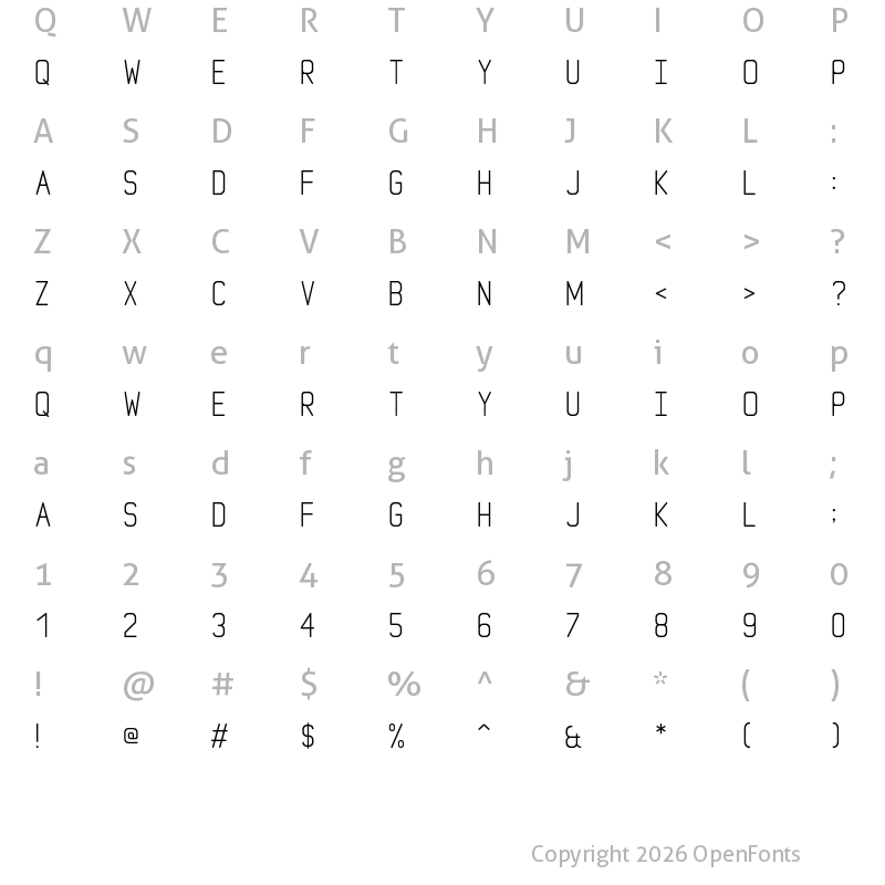 Character Map of MoonGloss Display Thin Thin