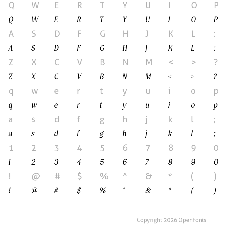 Character Map of Moret Book Oblique