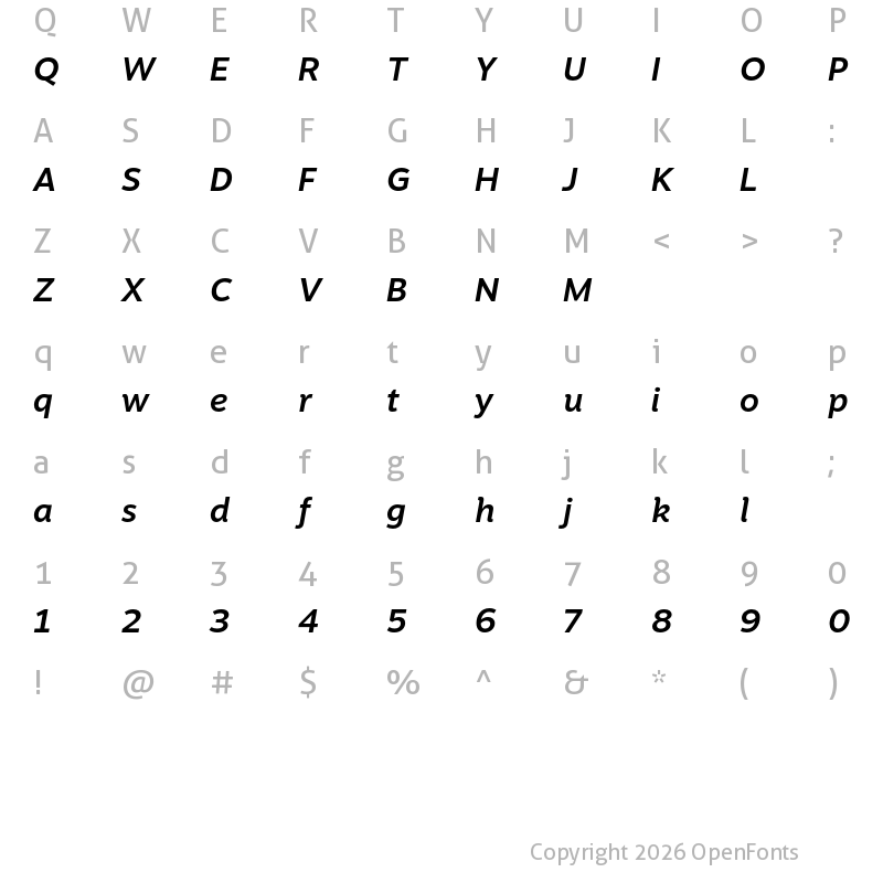 Character Map of Motiva Sans Test Medium Italic