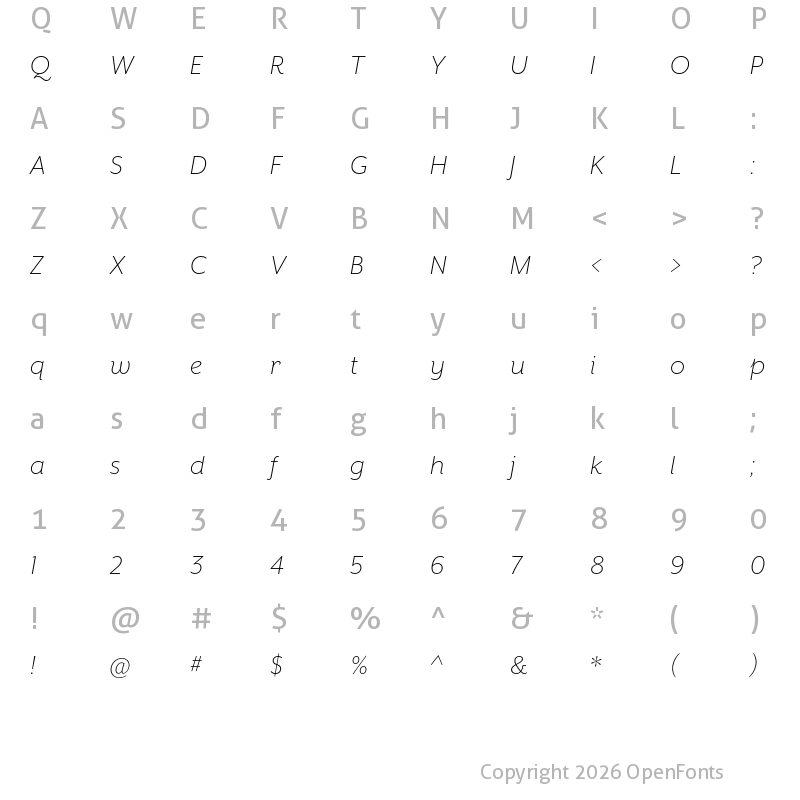 Character Map of Mr Eaves XL San OT Light Italic