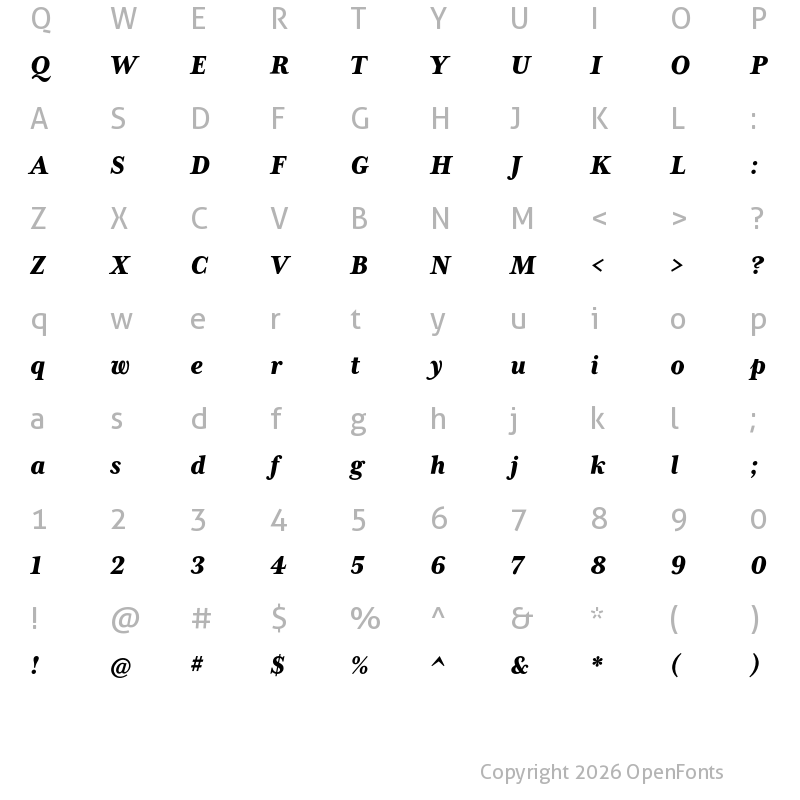 Character Map of Mrs Eaves XL Serif Nar OT Heavy Italic