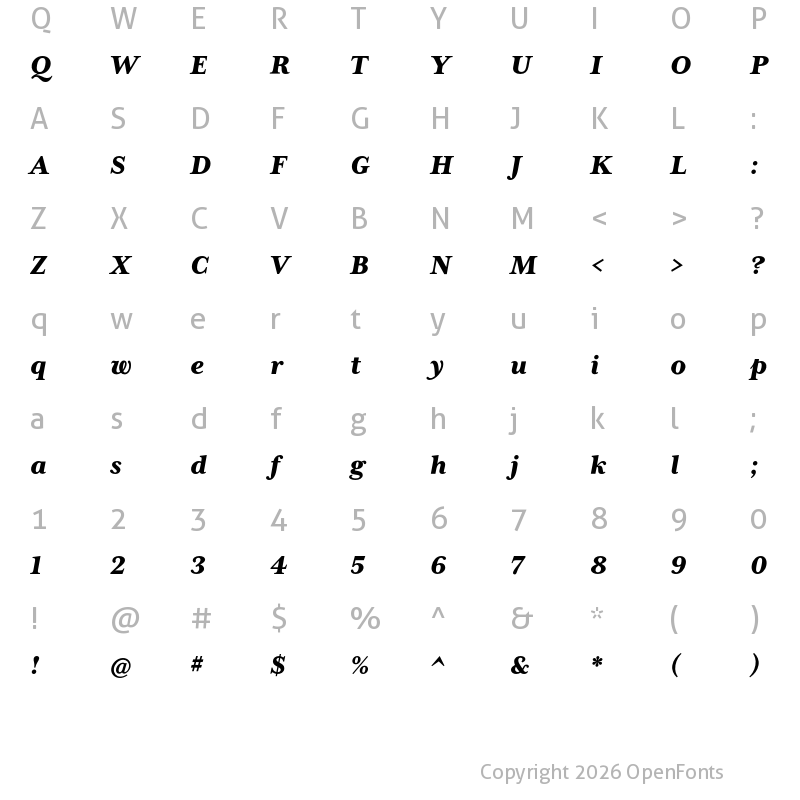 Character Map of Mrs Eaves XL Serif OT Heavy Italic