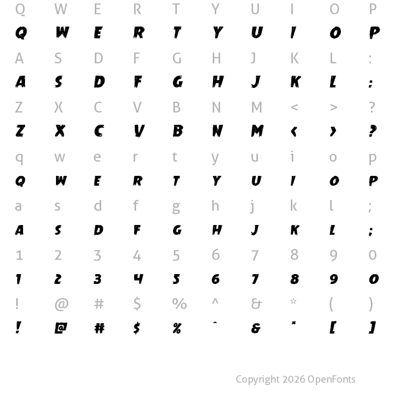 Character Map of Mrs. Monster Expanded Italic Expanded Italic