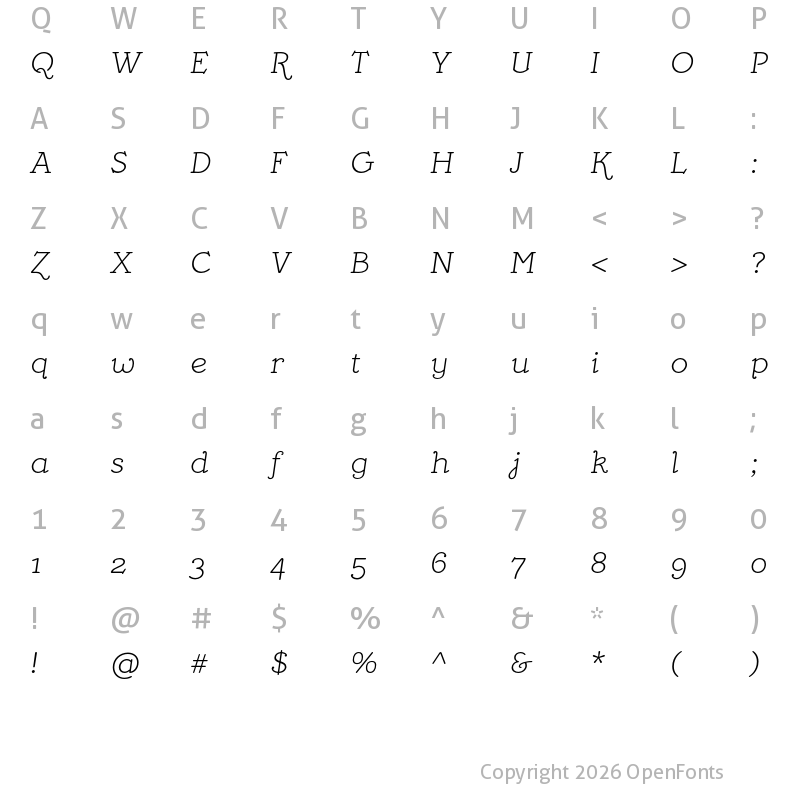 Character Map of Mymra Piano Light Italic