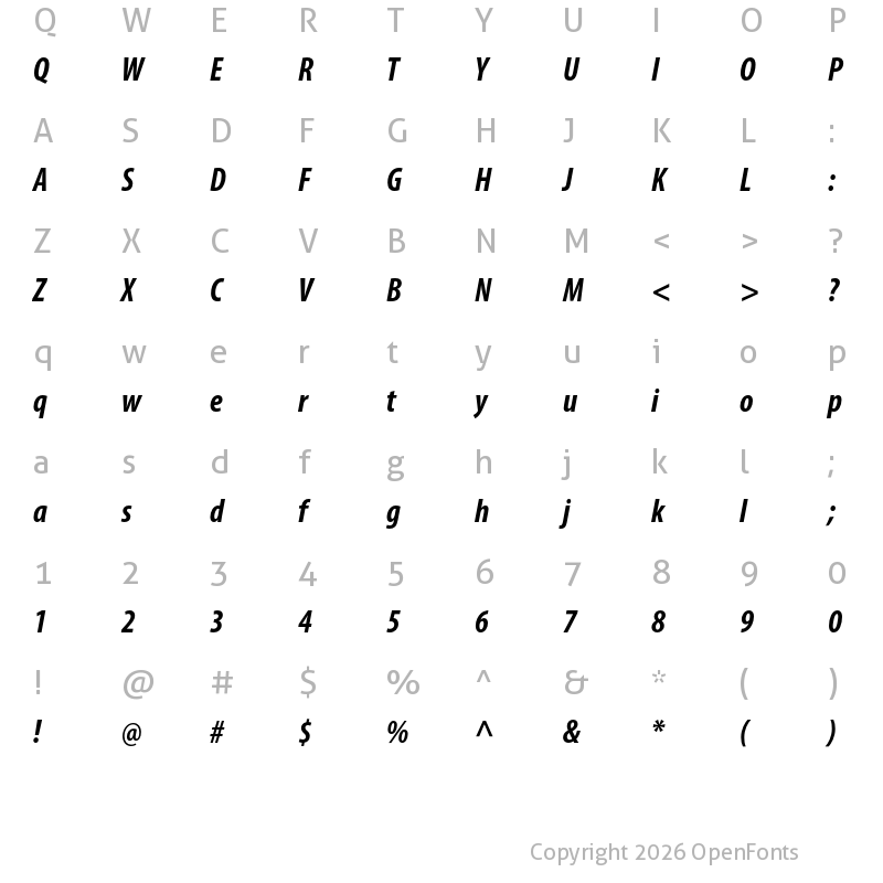 Character Map of Myriad Pro Bold Condensed Italic