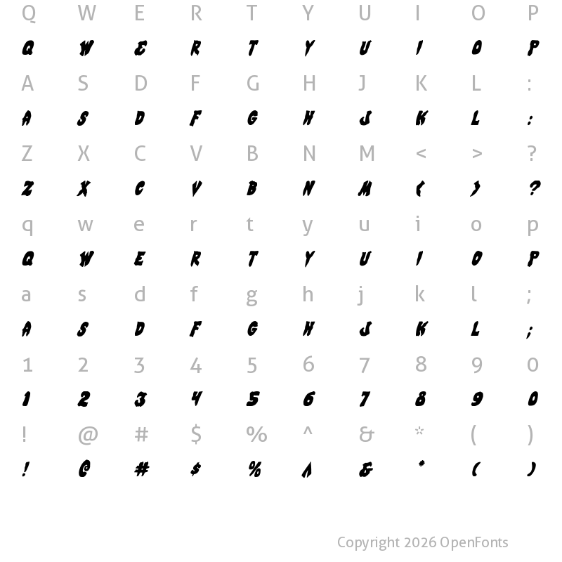 Character Map of Mystic Singler CondItalic Regular