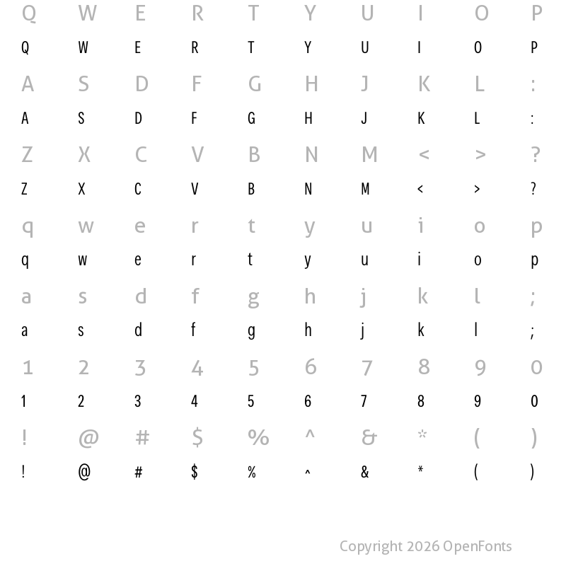 Character Map of Narkiss Tam Condensed Light