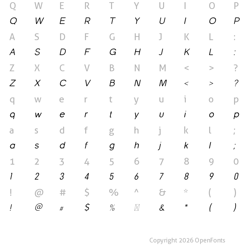 Character Map of Nautica Rounded Thin Italic