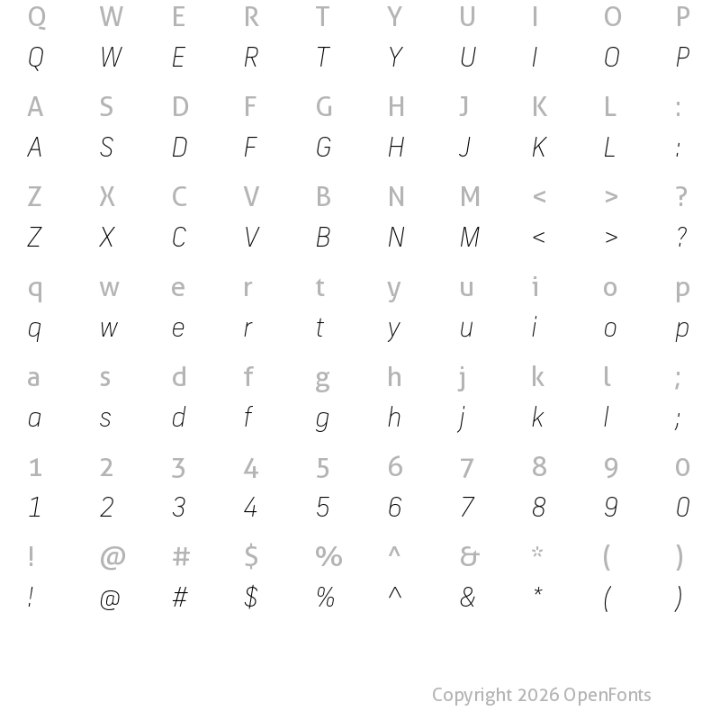 Character Map of New Frank Thin Italic