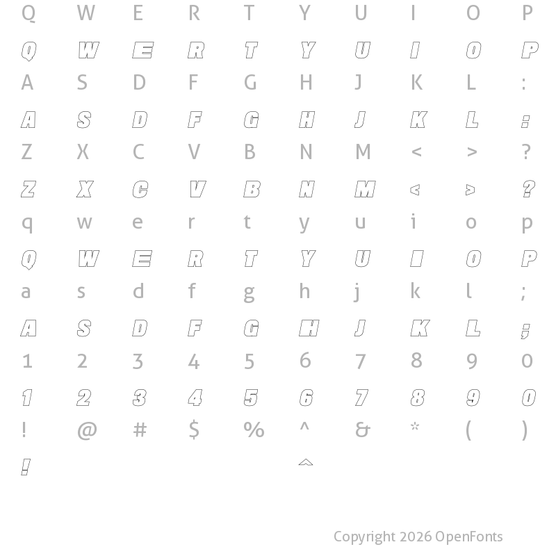 Character Map of New Machines Outline DEMO Regular