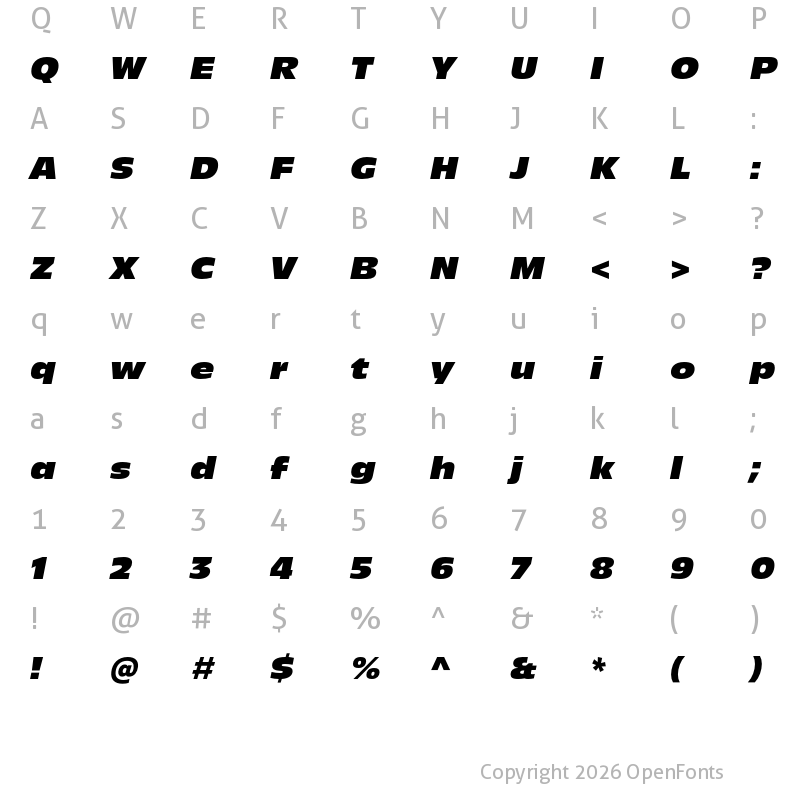 Character Map of New Nord Wide Heavy Italic