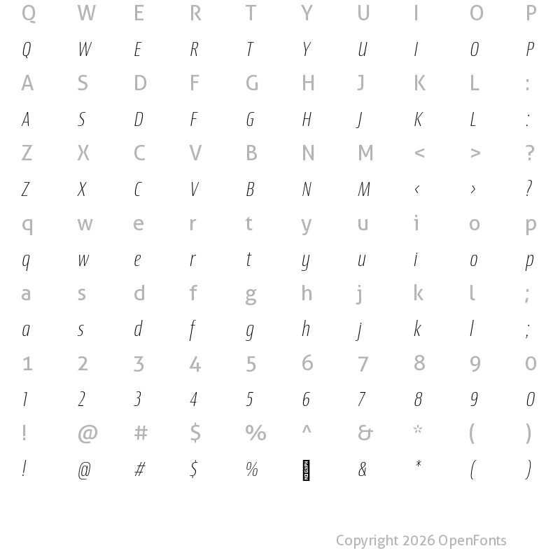 Character Map of Newbery Sans Pro Cd ExtraLight It