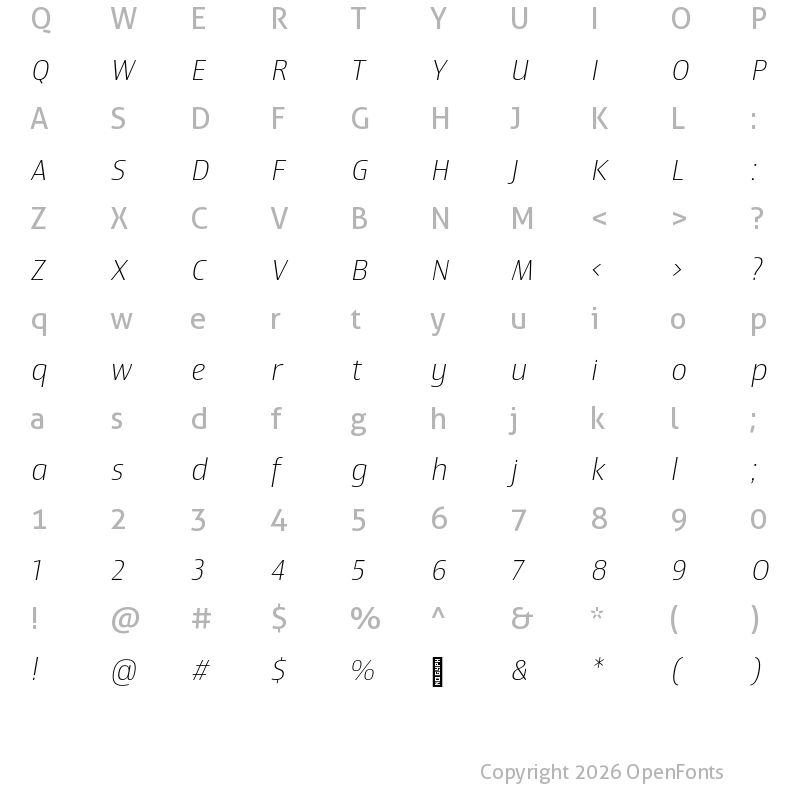 Character Map of Newbery Sans Pro ExtraLight It