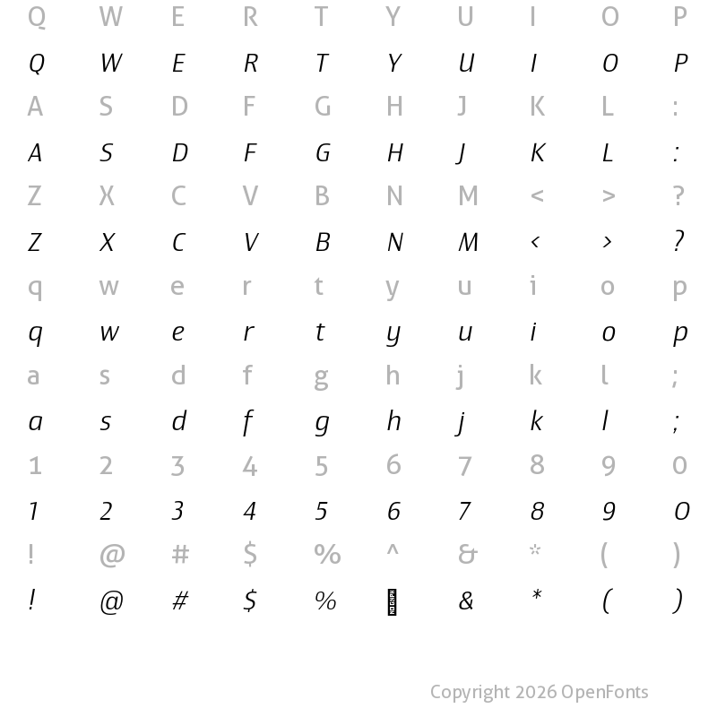 Character Map of Newbery Sans Pro Light It