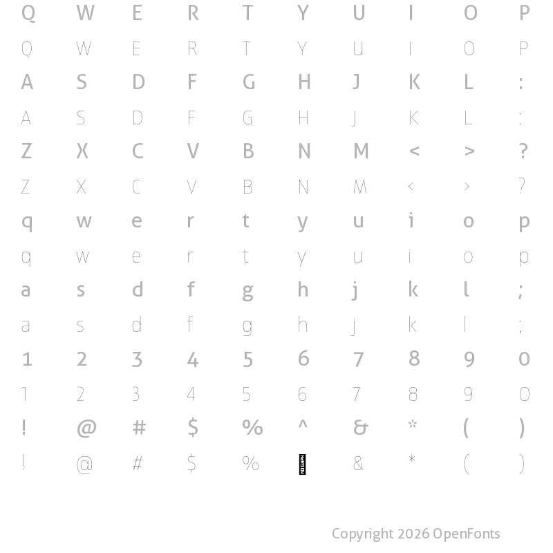 Character Map of Newbery Sans Pro Thin