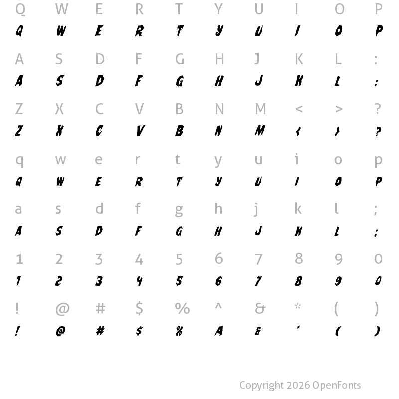 Character Map of Nightchilde Condensed Italic Condensed Italic
