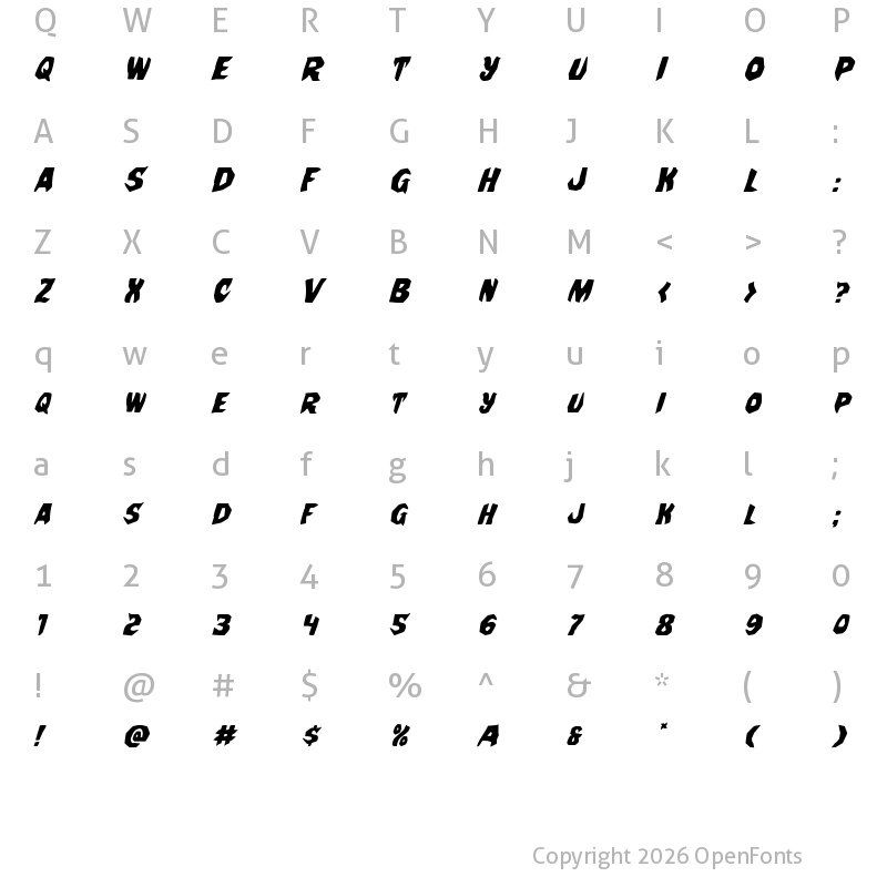 Character Map of Nightchilde Italic Italic