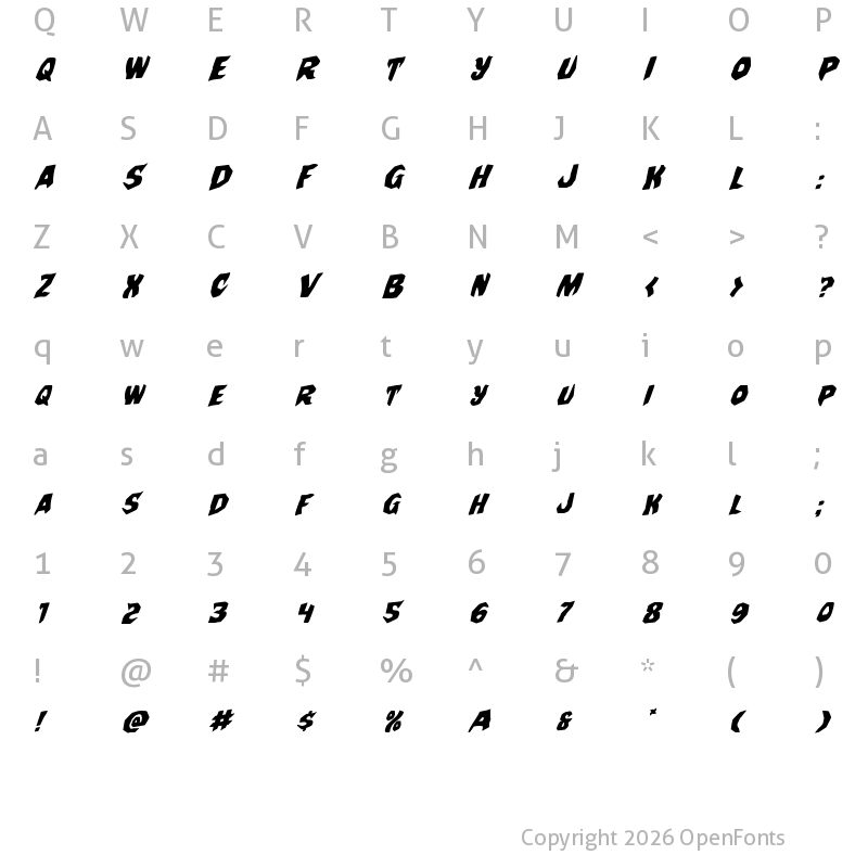 Character Map of Nightchilde Rotalic Italic