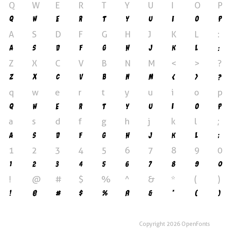 Character Map of Nightmare Alley Staggered Rotalic Italic