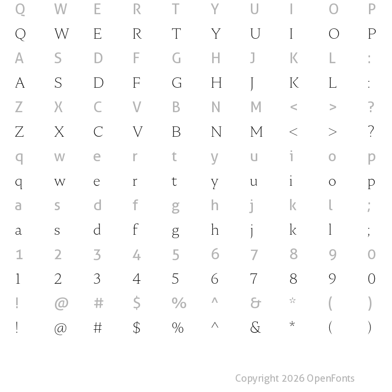 Character Map of Nocturne Serif ExtraLight