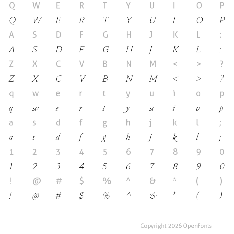 Character Map of Nocturne Serif ExtraLight Italic