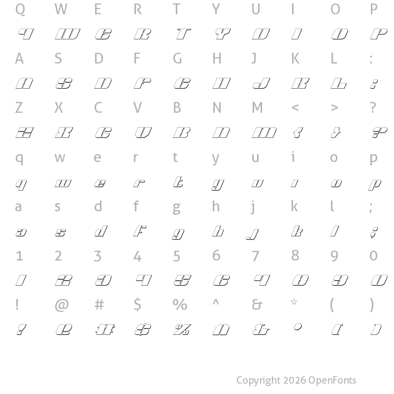 Character Map of Nolo Contendre Shadow Italic Shadow Italic
