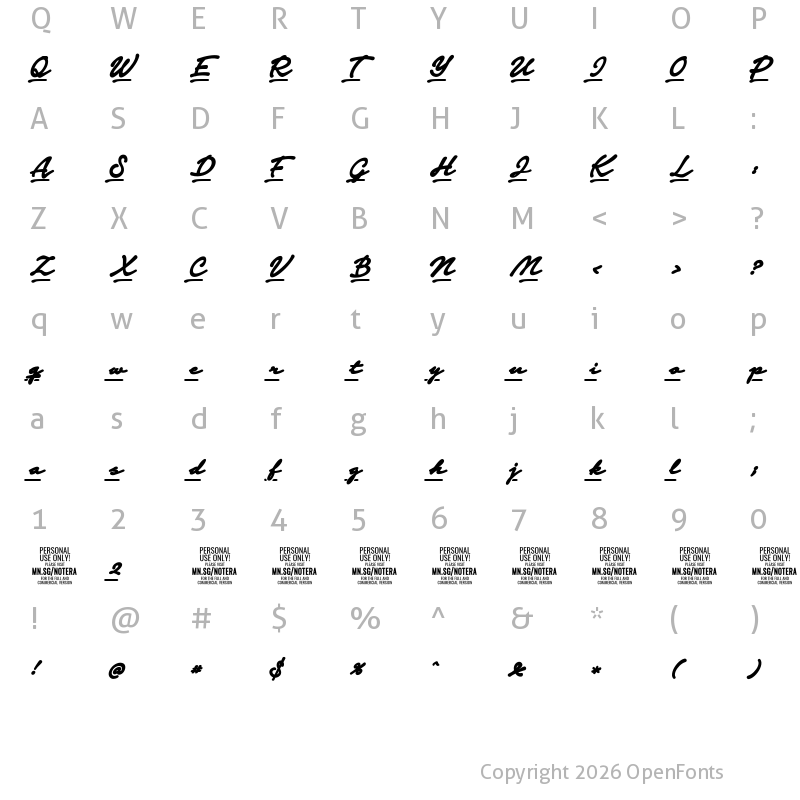 Character Map of Notera 2 Underline PERSONAL USE Black