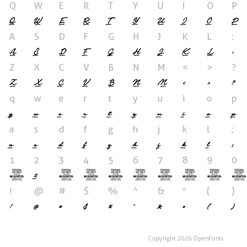 Character Map of Notera 2 Underline PERSONAL USE Bold