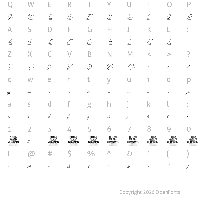 Character Map of Notera 2 Underline PERSONAL USE Thin