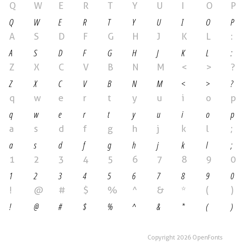 Character Map of Noto Sans ExtraCondensed Light Italic
