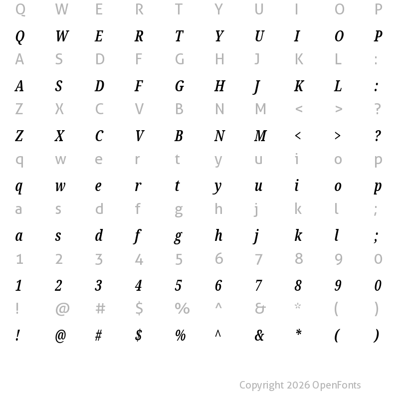 Character Map of Noto Serif ExtraCondensed SemiBold Italic