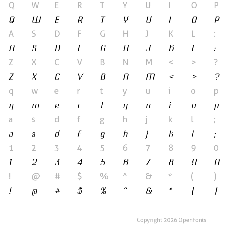 Character Map of Nova Square Slim Book Oblique