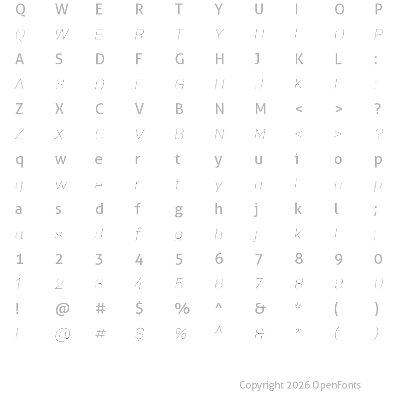 Character Map of Nudista Thin Italic