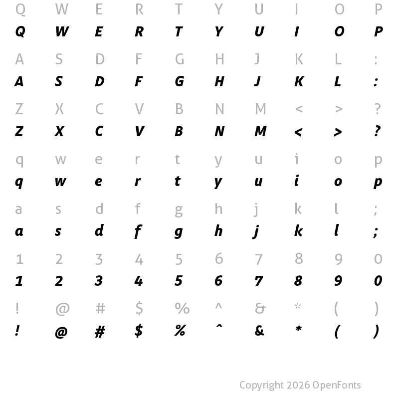 Character Map of Obliqua Sans Bold Italic