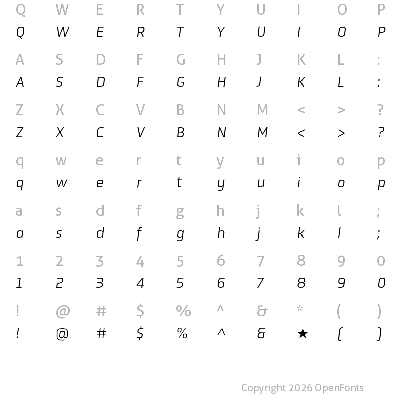 Character Map of Obvia Light Italic