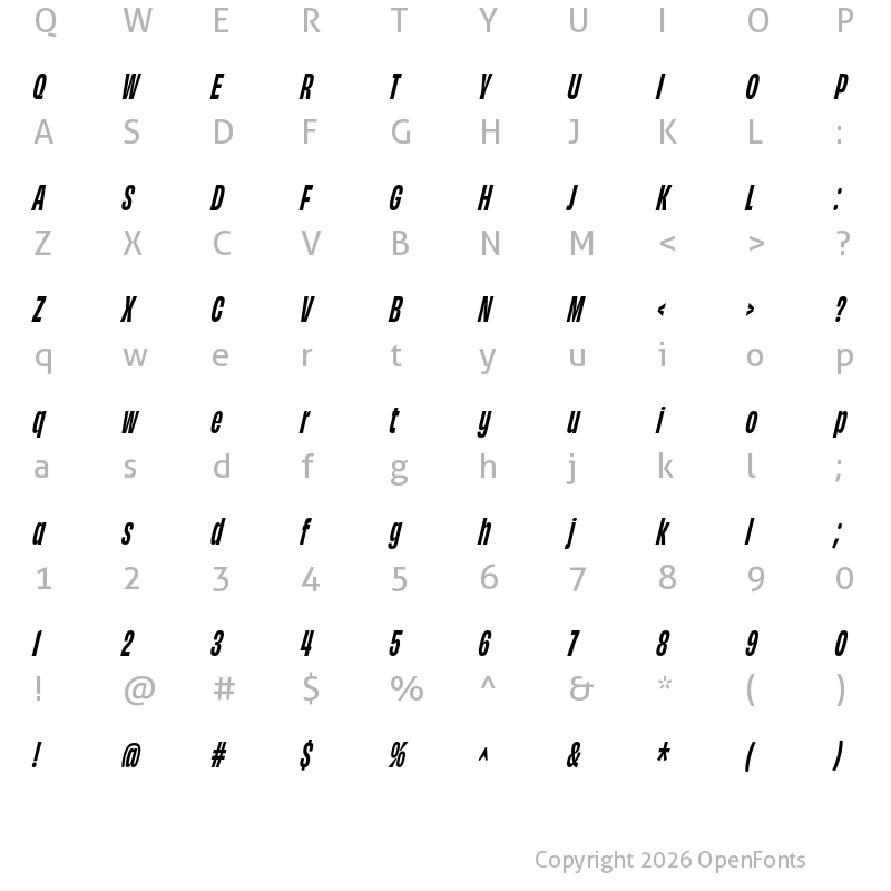 Character Map of Obviously Condensed Bold Italic