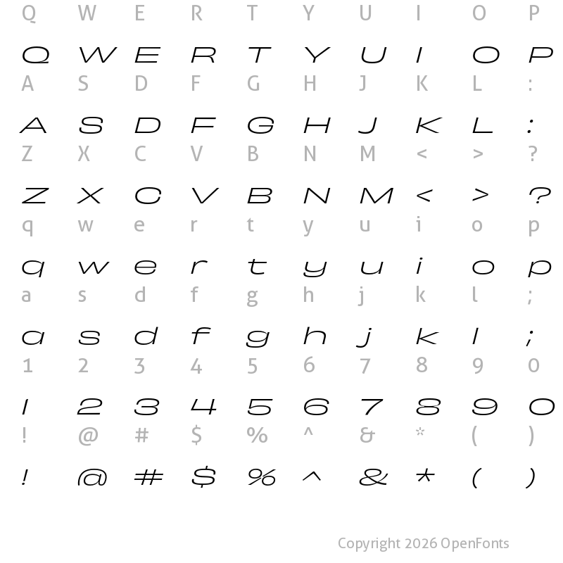Character Map of Obviously Extended Light Italic