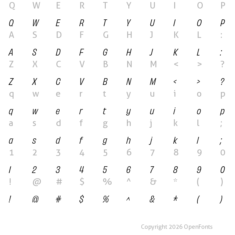Character Map of Obviously Narrow Italic