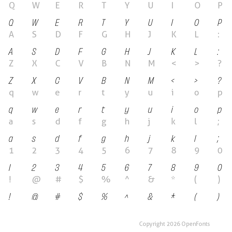 Character Map of Obviously Narrow Light Italic
