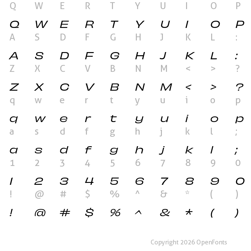 Character Map of Obviously Wide Italic