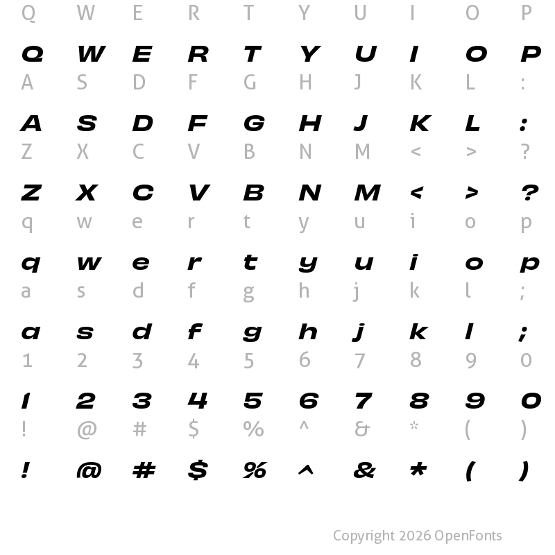 Character Map of Obviously Wide Semibold Italic