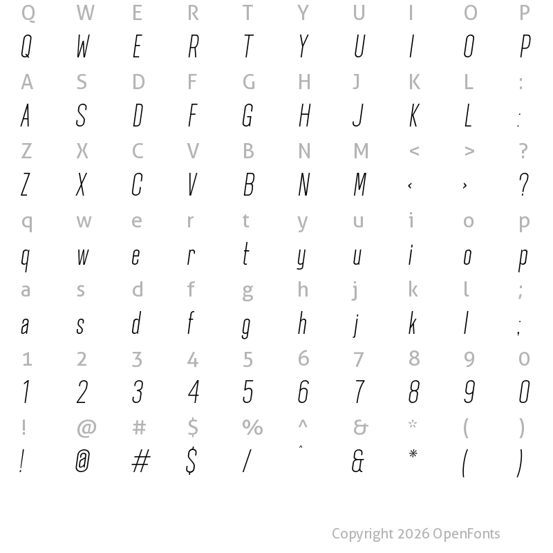 Character Map of Okana Light Oblique