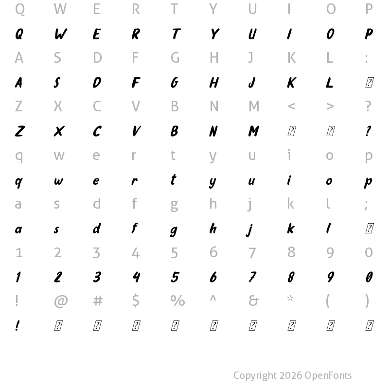 Character Map of Oleander Cakes Italic Regular