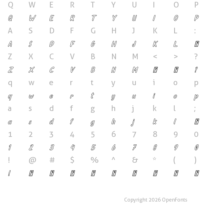 Character Map of Oleander Cakes Outline Italic Regular